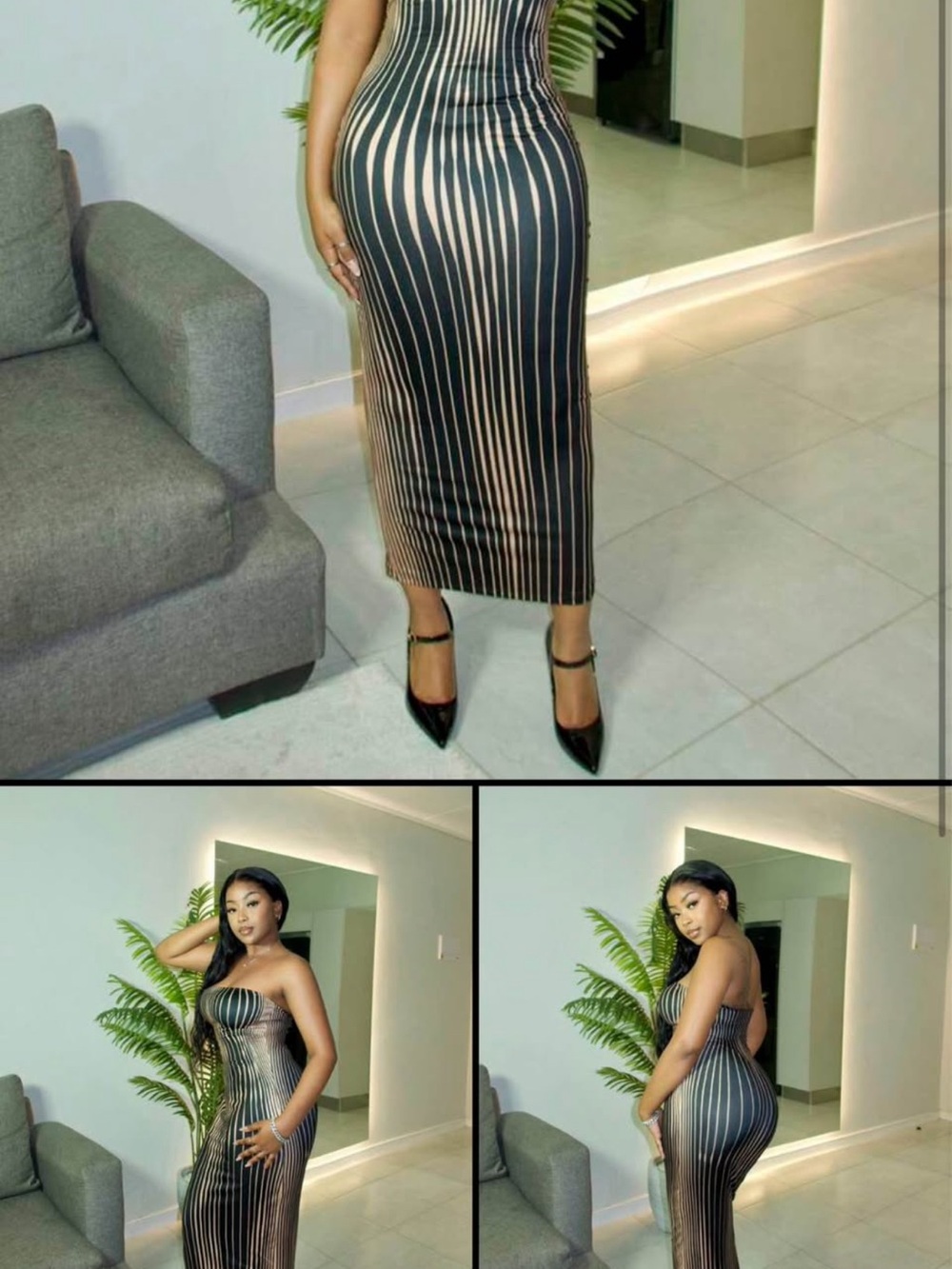 Striped Bodycon Midi Skirt Dress in Black and Blue